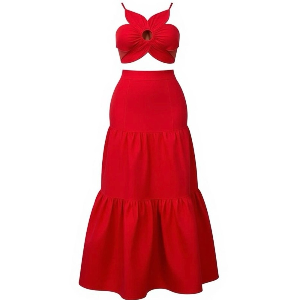 Two-Piece Red Maxi Skirt & Bow Crop Top Set With Belt M Polyester/Spandex Blend
